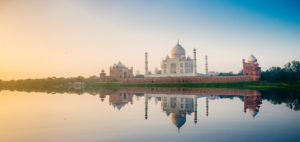 Panoramic image of the Taj Mahal as seen from Yamuna River, Agra. India.